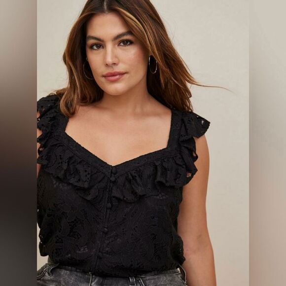 Torrid Black Lace Ruffle Strap Crop Tank - Picture 2 of 10